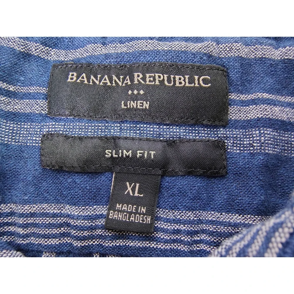 Banana Republic Mens XL Slim Fit Coastal Linen Blue Stripe Resort Summer Shirt